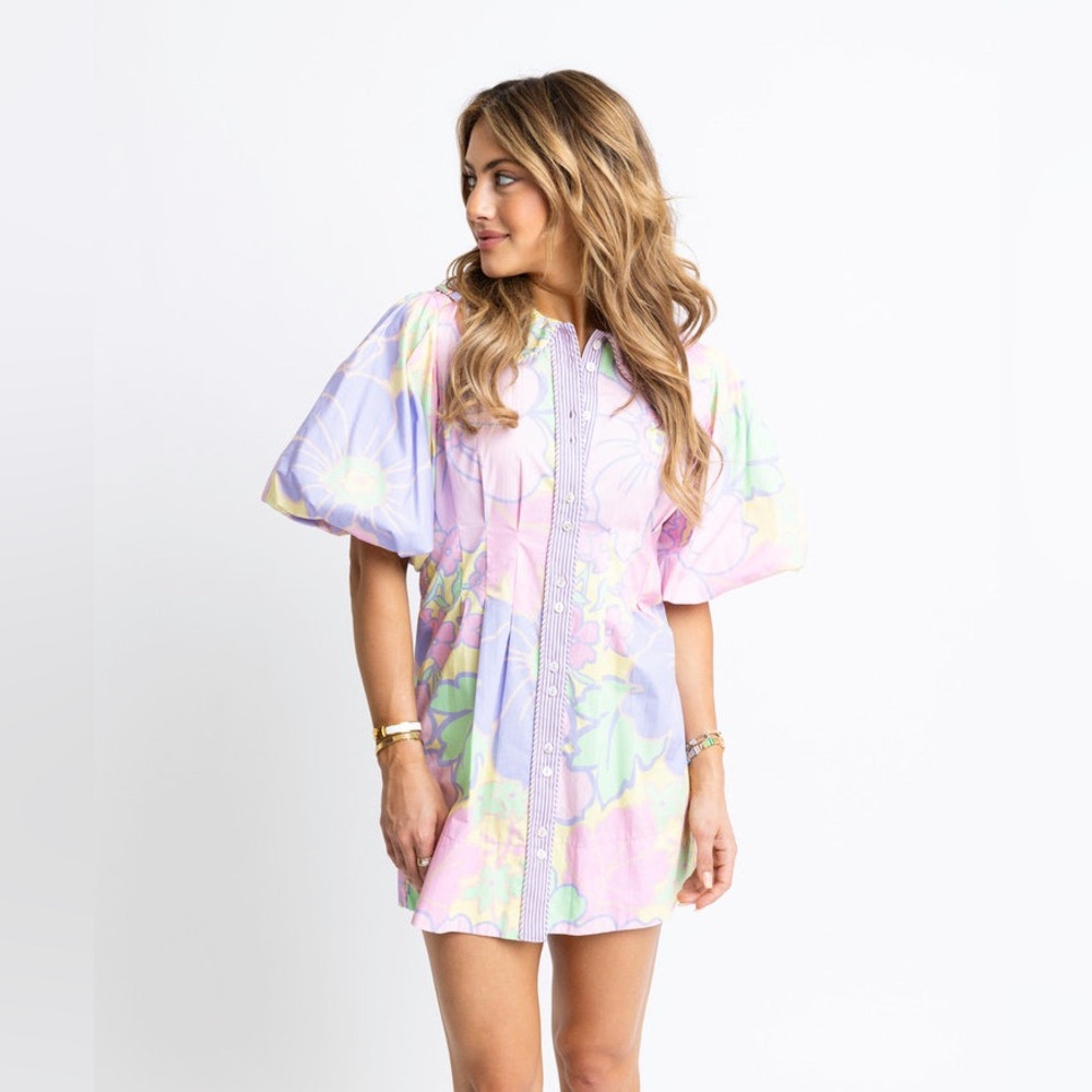 Karlie Pastel Large Floral Puff Sleeve Shirt Dress.